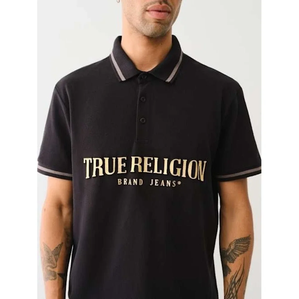 True Religion Foil Arch TR Polo Mens Medium Jet Black Metallic Logo 700497